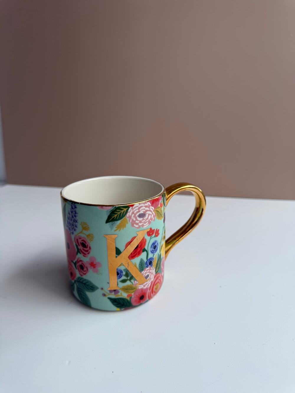 Anthropologie Rifle Paper Co Mug | Letter K Floral | Gold Handle Coffee Tea Cup